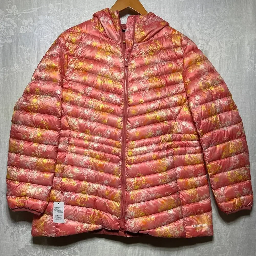 Lands End Puffer Coat Large 14 16 Down Filled Packable NEW Pink Yellow Abstract - Picture 1 of 12
